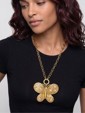 Gold Butterfly Pendant Statement Necklace with Rhinestones